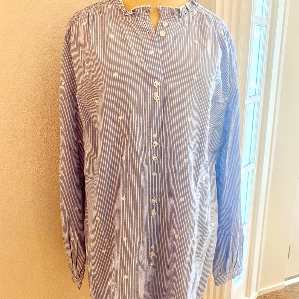 Women's Talbots Blue/White Striped Ruffle Tunic, Size L